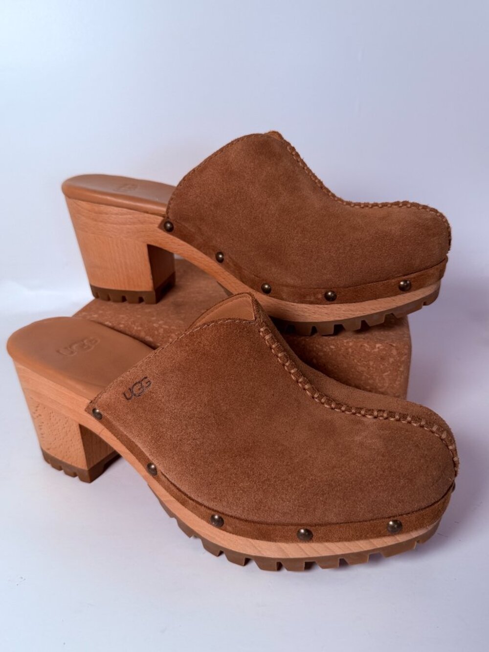 Suede Mule Clogs Chunky Wood Platform Lug Sole Part Shearling Insole US 8 EU 39 - Picture 3 of 9